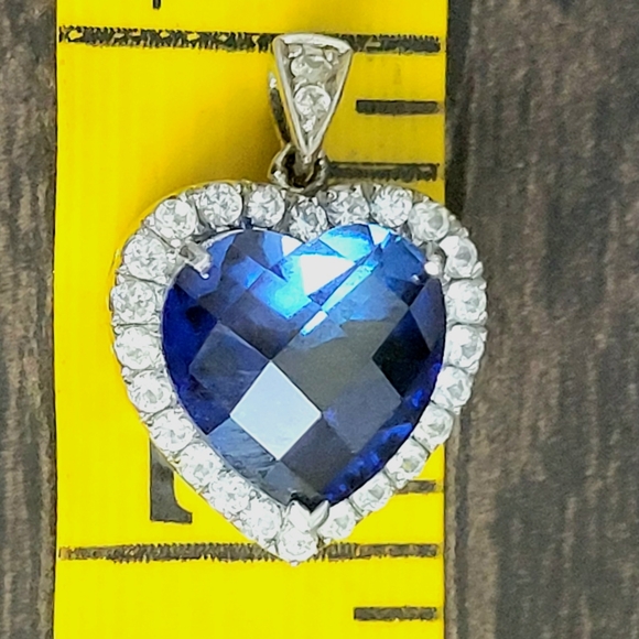 925 Sterling Silver Heart Blue Lab Created Sapphire Titanic Love Pendant - Picture 8 of 9